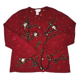 Vintage 90s Grandmacore Red Embroidered Cardigan Birds Hearts Cottagecore Size L